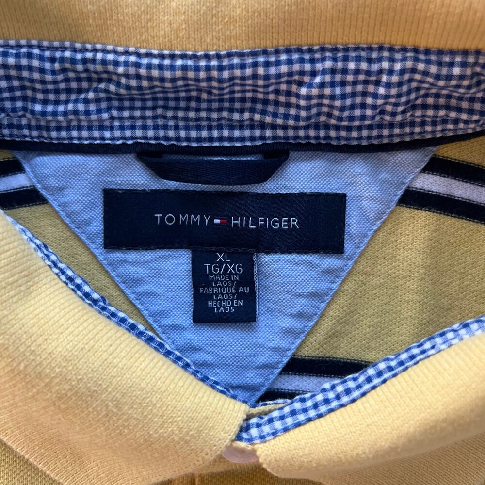 Tommy Hilfiger Polo Mens XL Yellow Navy Striped Short Sleeve Cotton Pique Logo - Picture 2 of 7